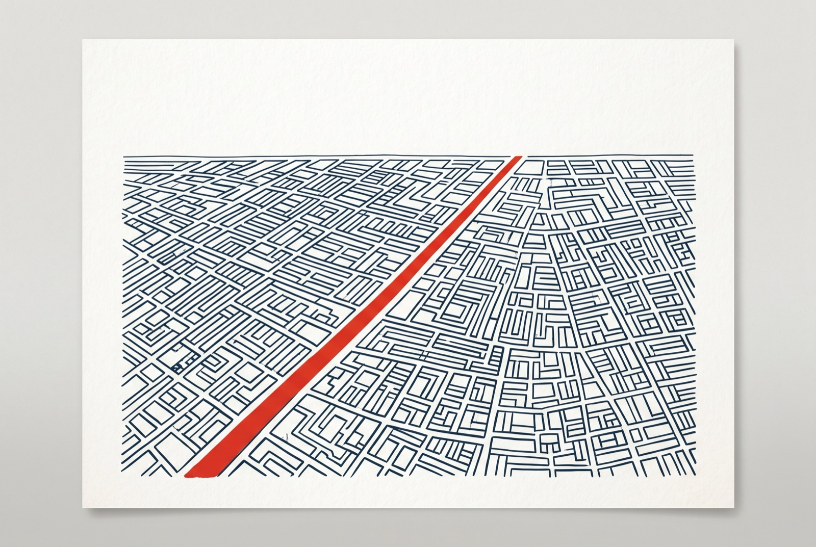 A red path cutting through a dense maze toward open space