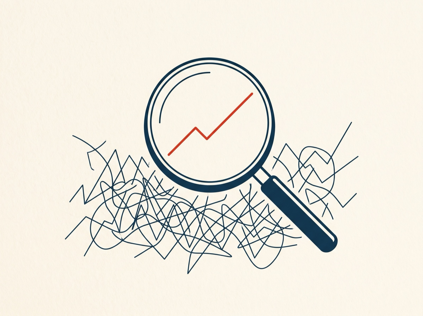 A magnifying lens resolving tangled chart lines into one clear line