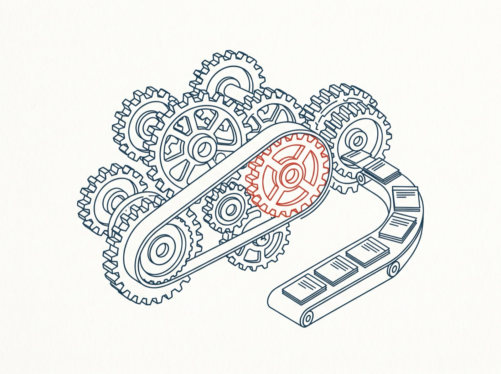 Interlocking gears driving a smooth conveyor of workflow cards, one gear red