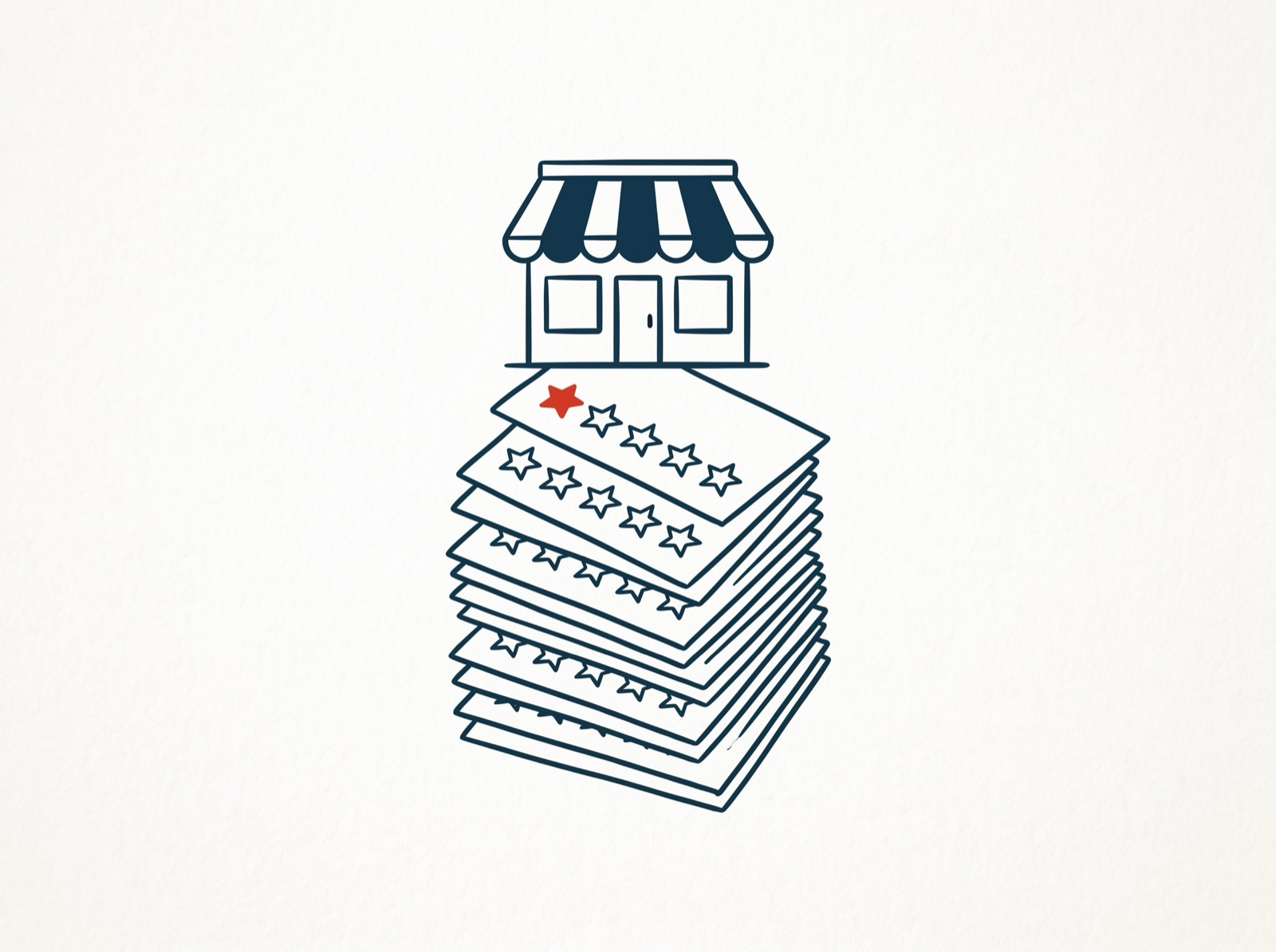 A stack of five-star review cards forming a pedestal beneath a small shop