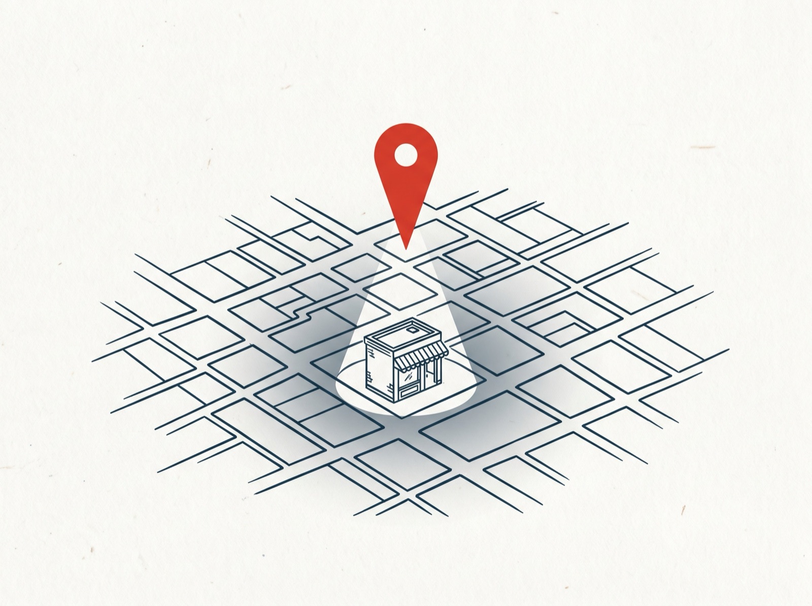 A red map pin spotlighting one storefront on a city map grid